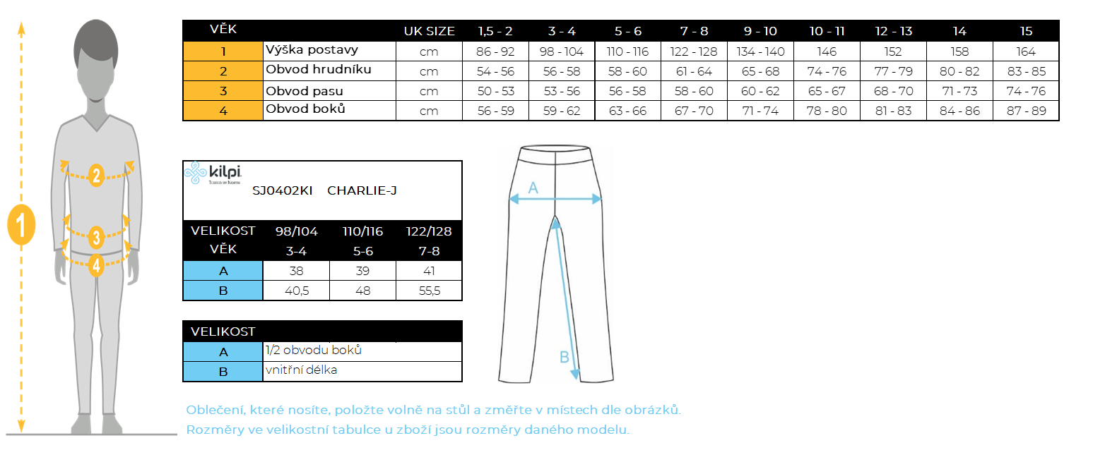 Kilpi Charlie-J velikostní tabulka
